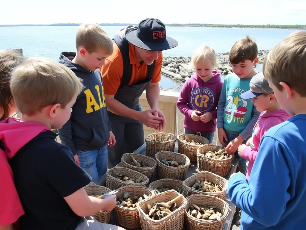A photograph showing a group of children participating in an educational workshop about oyster farming at Fort Royer, with instructors demonstrating traditional techniques and explaining the importance of sustainable practices.