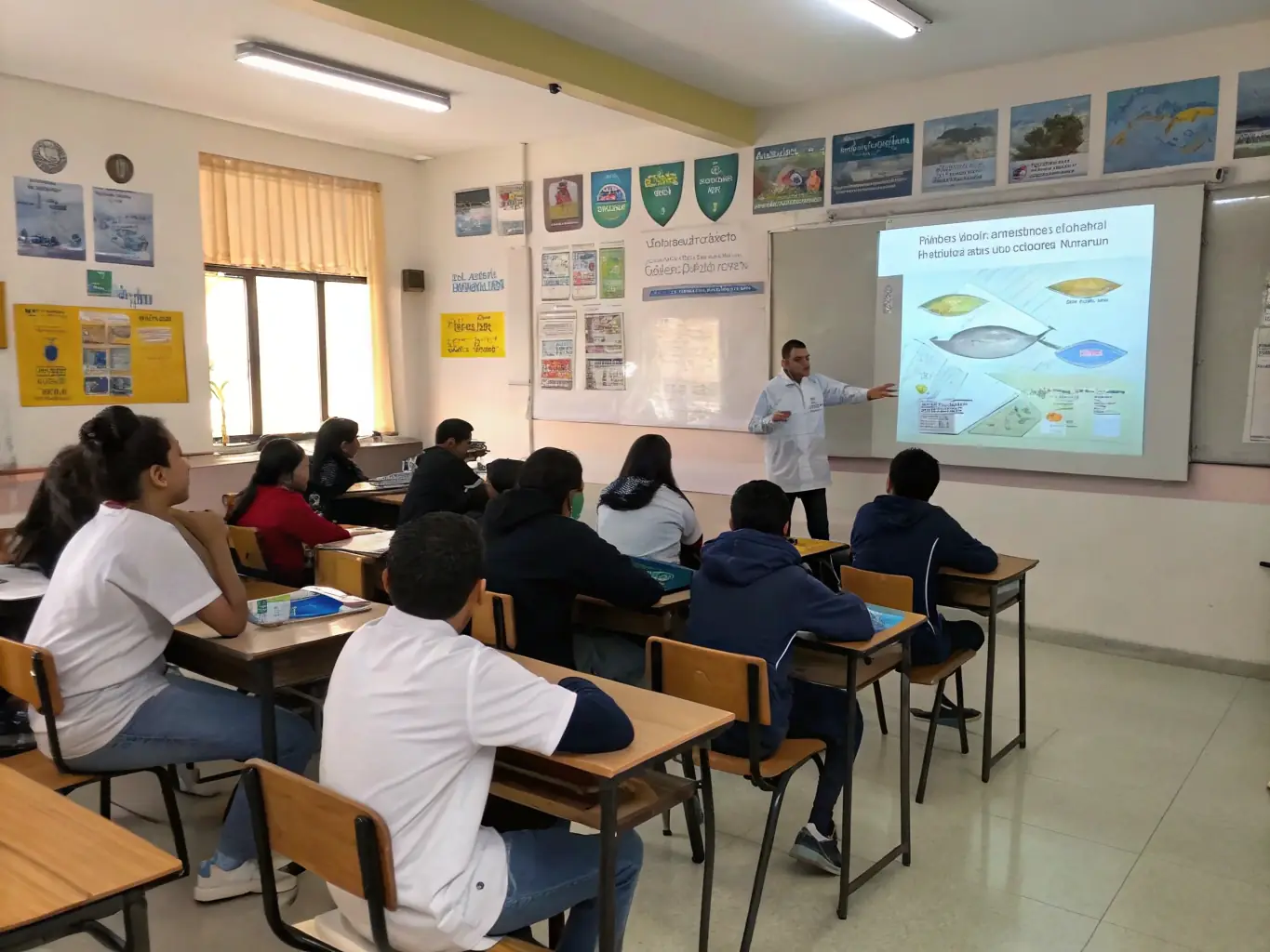 A classroom setting where children are learning about the importance of coastal ecosystems and oyster farming at Fort Royer. The image should convey a sense of education and environmental awareness.