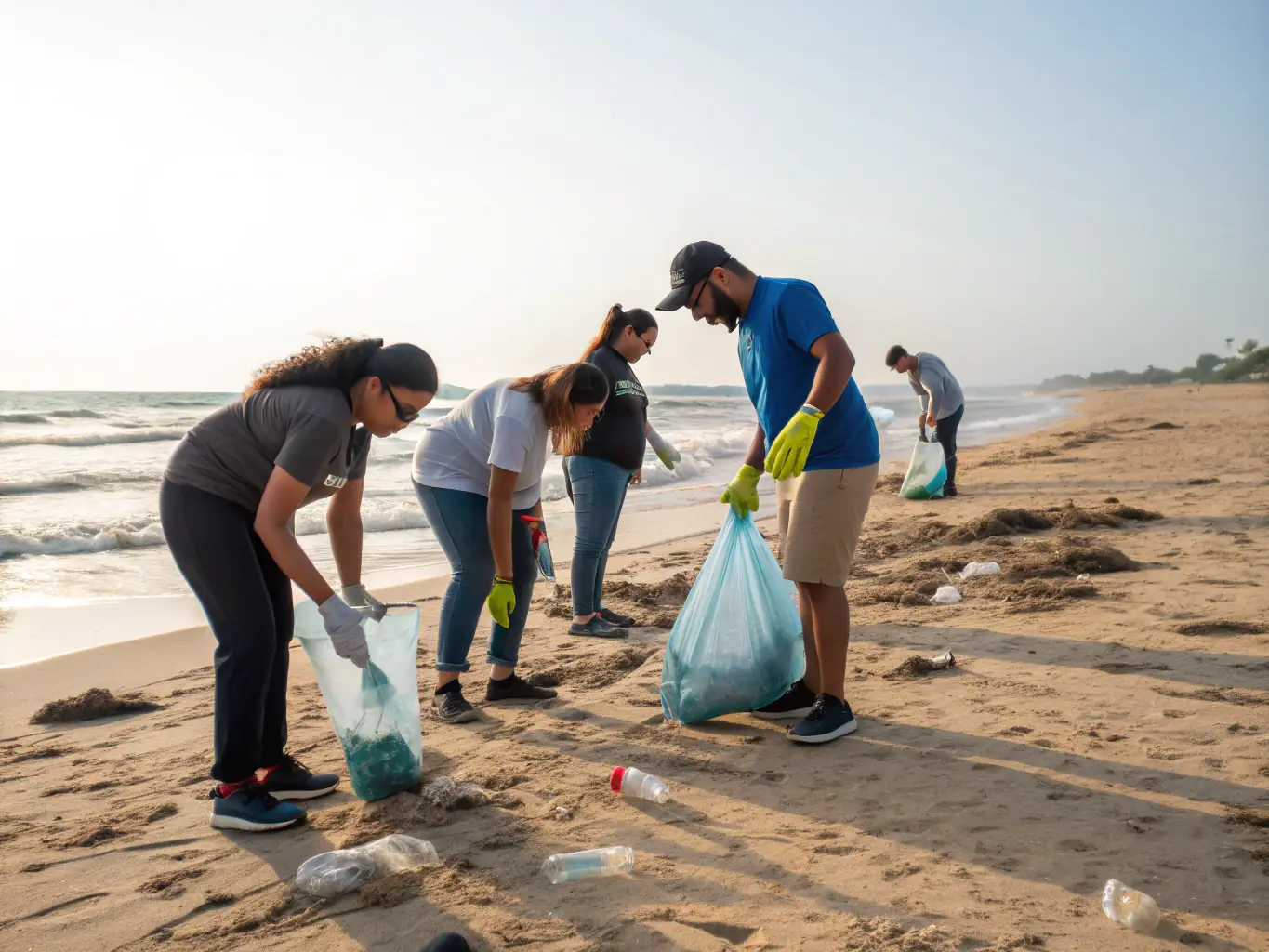 A group of volunteers participating in a coastal cleanup activity at Fort Royer, demonstrating community engagement and environmental responsibility. The image should highlight the collaborative effort in preserving the coastal environment.