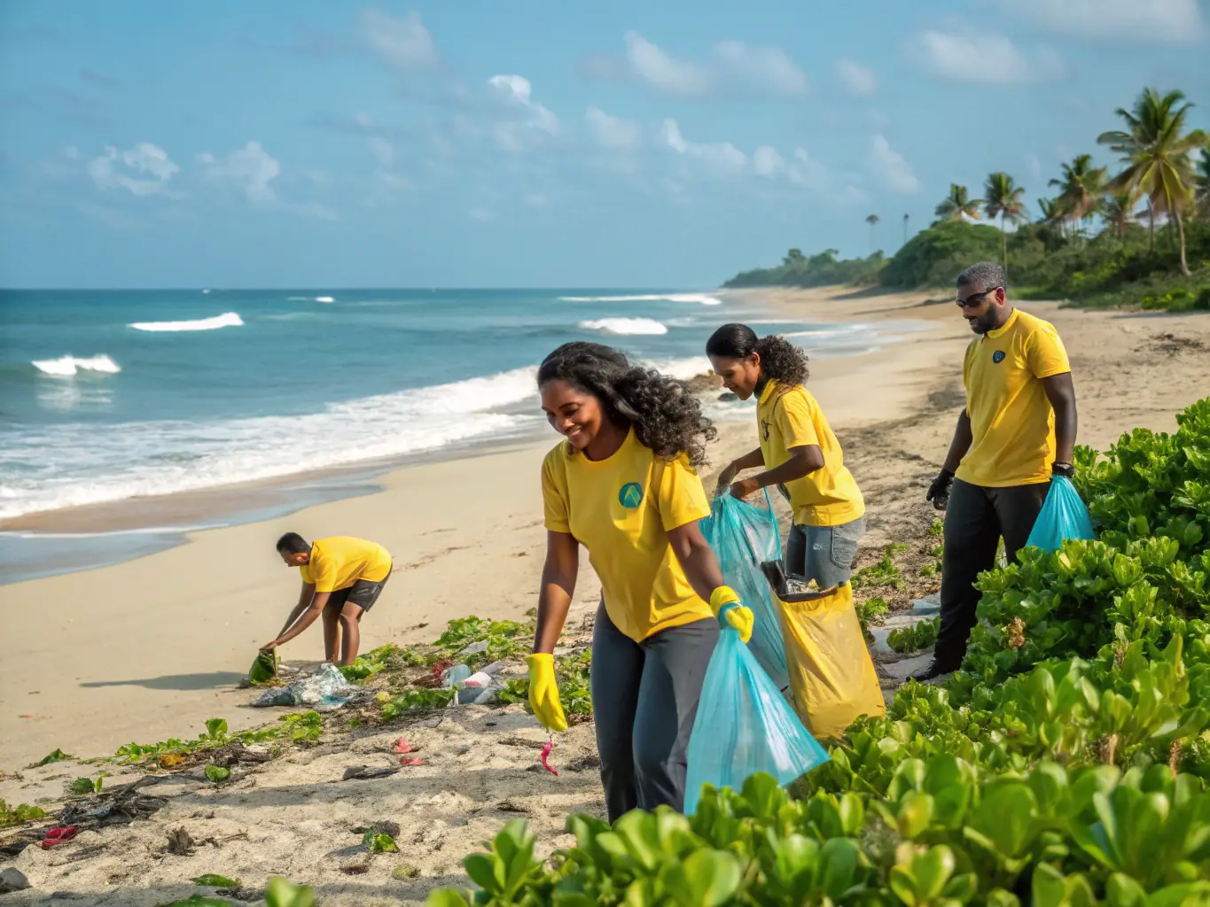 A photograph depicting volunteers participating in a coastal cleanup activity at Fort Royer, removing debris from the beach with smiles on their faces, showcasing community engagement and environmental responsibility.